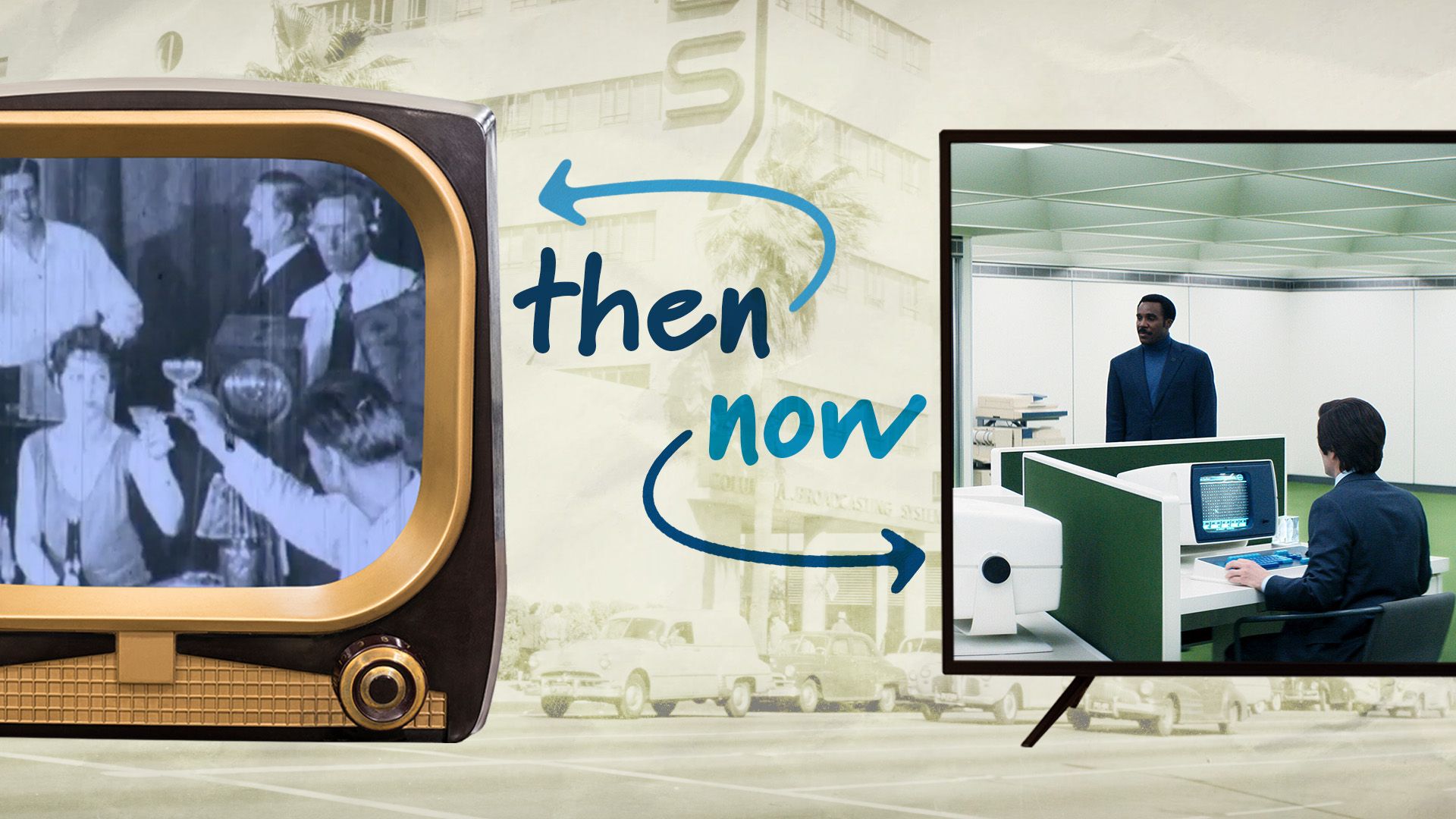 Side-by-side screens: left, vintage TV with black-and-white party scene labeled “then”; right, still from the Apple TV+ series "Severance" labeled “now.”